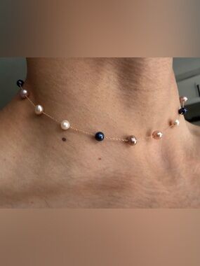 Freshwater Pearl Station Necklace in Multicolor on Gold Chain14k solid gold